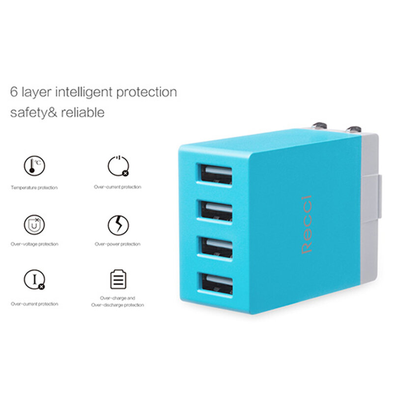 Incarcator Priza Recci Cube RUC5003 4x USB 2.1A CN/US Plug + EU Black Adapter - Orange