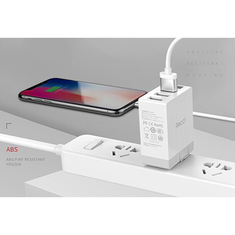 Incarcator Priza Recci Cube RUC5003 4x USB 2.1A CN/US Plug + EU Black Adapter - Orange