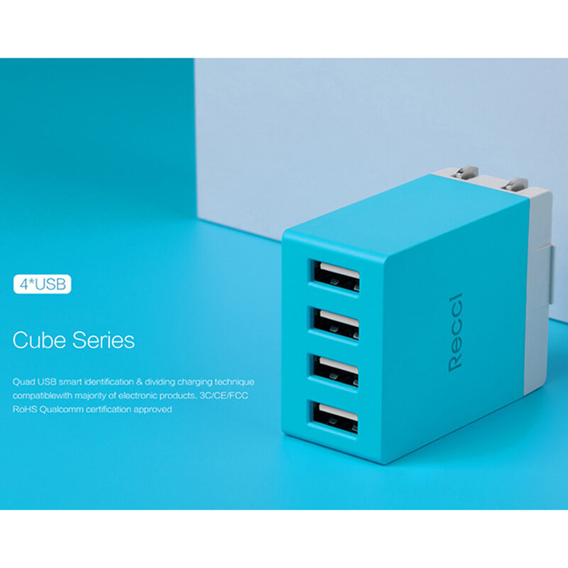 Incarcator Priza Recci Cube RUC5003 4x USB 2.1A CN/US Plug + EU Black Adapter - Green