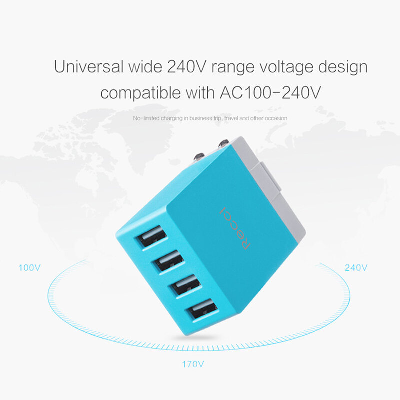 Incarcator Priza Recci Cube RUC5003 4x USB 2.1A CN/US Plug + EU Black Adapter - Green