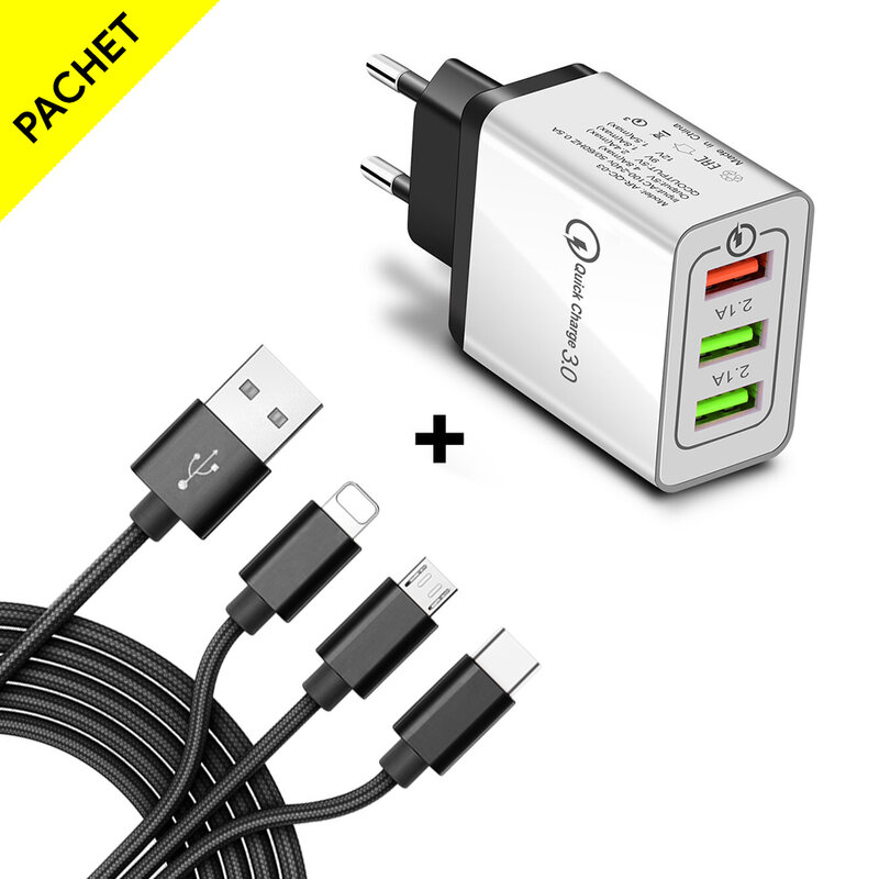 Incarcator Priza Qualcomm Fast 3xUSB 5.1A Quick Charge + Cablu 3in1, 1.2m - Alb