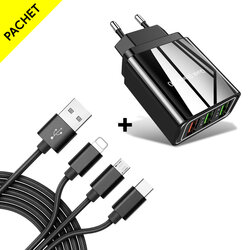 Incarcator Priza Qualcomm Fast 3xUSB 5.1A Quick Charge + Cablu 3in1, 1.2m - Negru