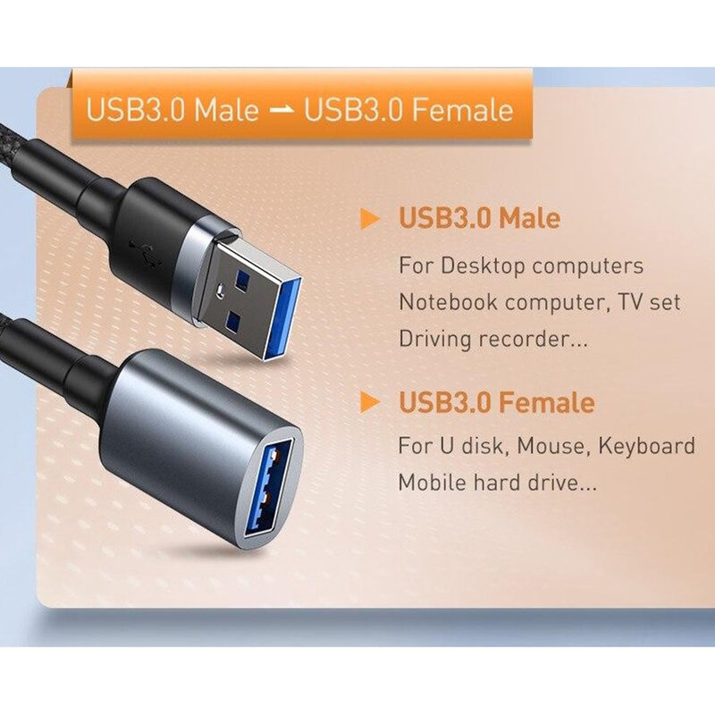 Cablu De Date Baseus Cafule Durable Nylon Extension USB 3.0(male)/USB 3.0(female) 2A 1m - CADKLF-B0G - Gray