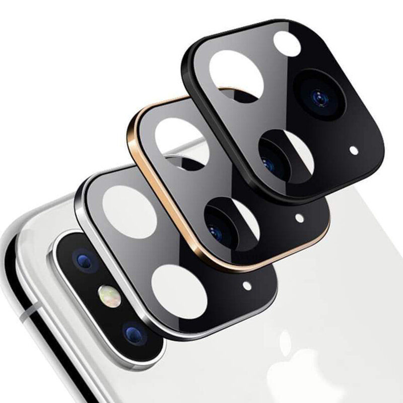 Folie Sticla Iphone X / XS / XS Max Protectie Lentile Fake Camera Cover Imitatie 11 Pro Cu Insertii De Aluminiu - White