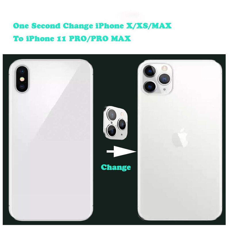 Folie Sticla Iphone X / XS / XS Max Protectie Lentile Fake Camera Cover Imitatie 11 Pro Cu Insertii De Aluminiu - White