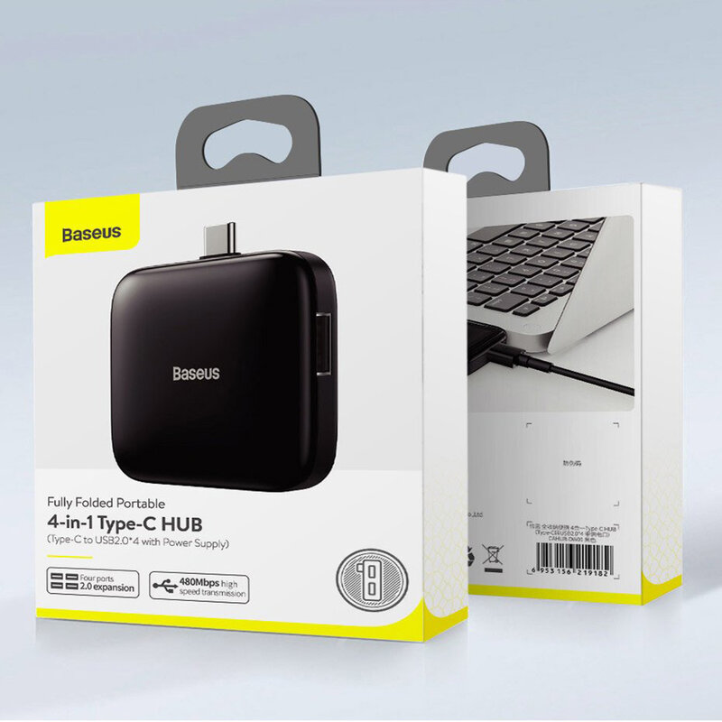 Hub Baseus Fully Folded Portable 4-in-1 Type-C/4xUSB 2.0 With Type-C OTG Power Supply - CAHUB-DW01 - Black