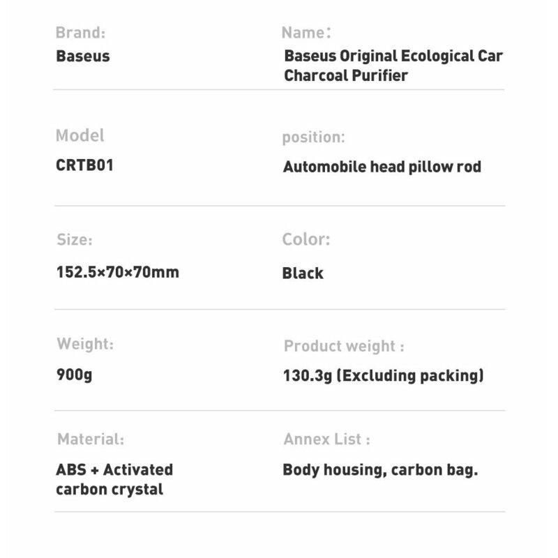 Odorizant Auto Baseus Original Ecological Car Charcoal Purifier Air Freshener Pentru Tetiera - CRJHQ-A01 - Black