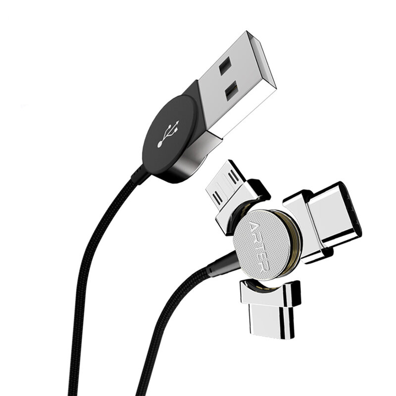 Cablu de incarcare 3in1 Arter Magnetic 360° Type-C, Lightning, Micro-USB - Negru