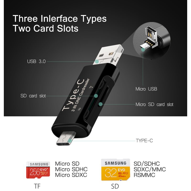 Card Reader 6in1 High-speed Type-C, USB 2.0, Micro-USB, TF, SD, Micro-SD - CR2IN1005 - Negru