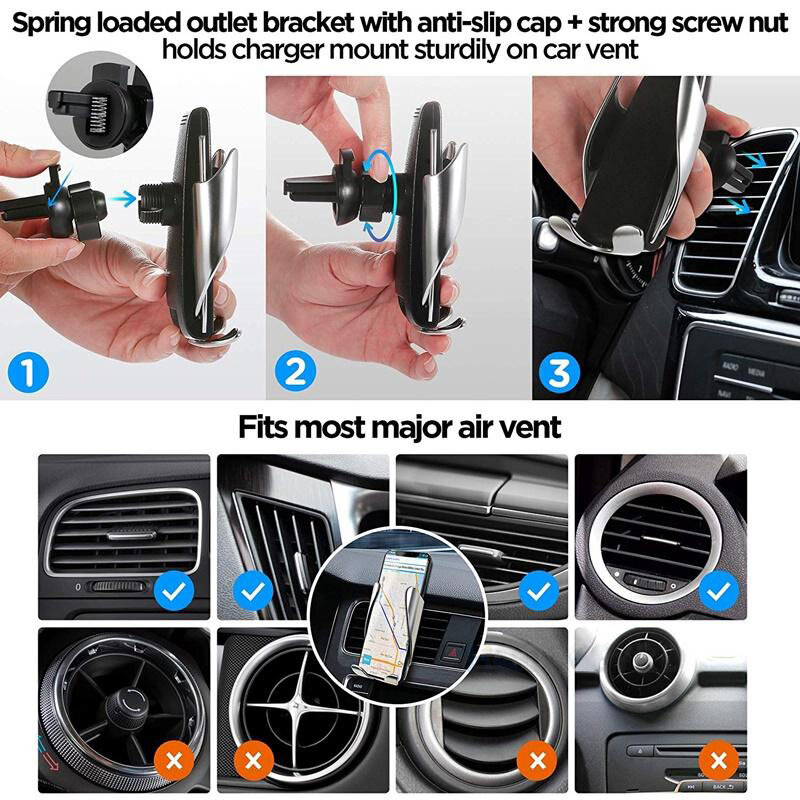 Suport Auto S5 2in1 Automatic Cu Incarcare Wireless Pentru Grila De Ventilatie/Panou De Bord 10W/2A/5V – Argintiu