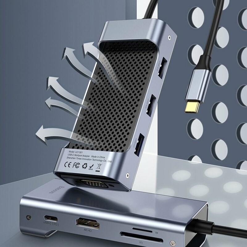 Hub Baseus Square Desk Adapter USB-C To 3xUSB 3.0+USB-C(PD)+VGA/TF/SD Card Reader - CATXF-A0G - Deep Gray