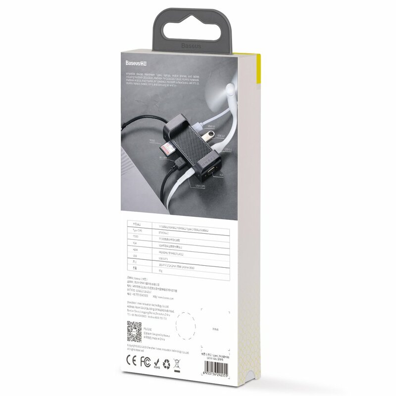 Hub Baseus Square Desk Adapter USB-C To 3xUSB 3.0+USB-C(PD)+VGA/TF/SD Card Reader - CATXF-A0G - Deep Gray