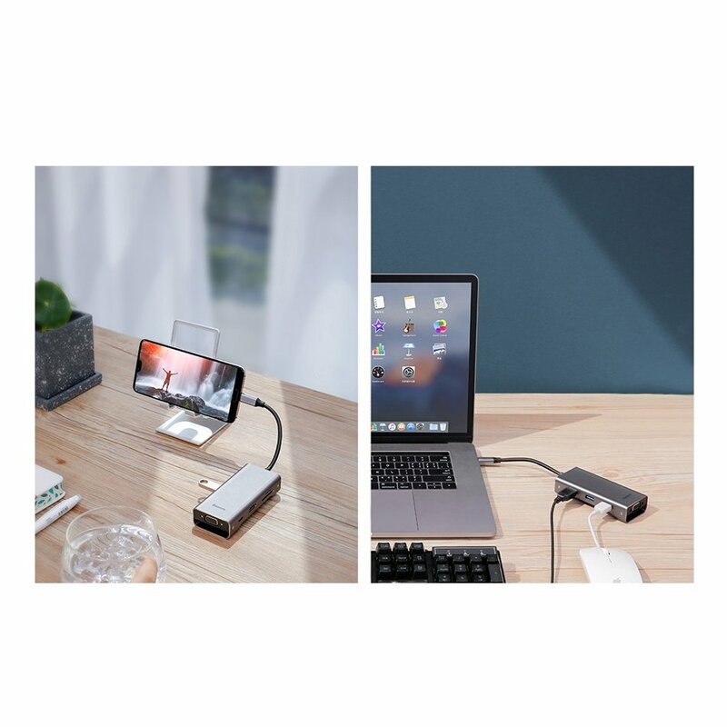 Hub Baseus Square Desk Adapter USB-C To 3xUSB 3.0+USB-C(PD)+VGA/TF/SD Card Reader - CATXF-A0G - Deep Gray