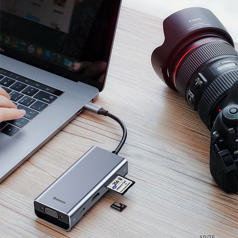 Hub Baseus Square Desk Adapter USB-C To 3xUSB 3.0+USB-C(PD)+VGA/TF/SD Card Reader - CATXF-A0G - Deep Gray