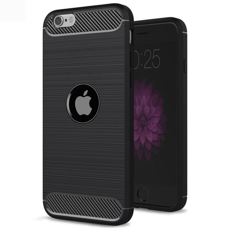 Husa iPhone SE 2, SE 2020 TPU Carbon Cu Decupaj Pentru Sigla - Negru