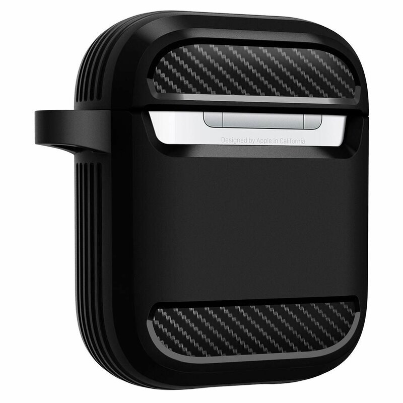 Husa Apple AirPods cu holder metalic Spigen Rugged Armor, negru