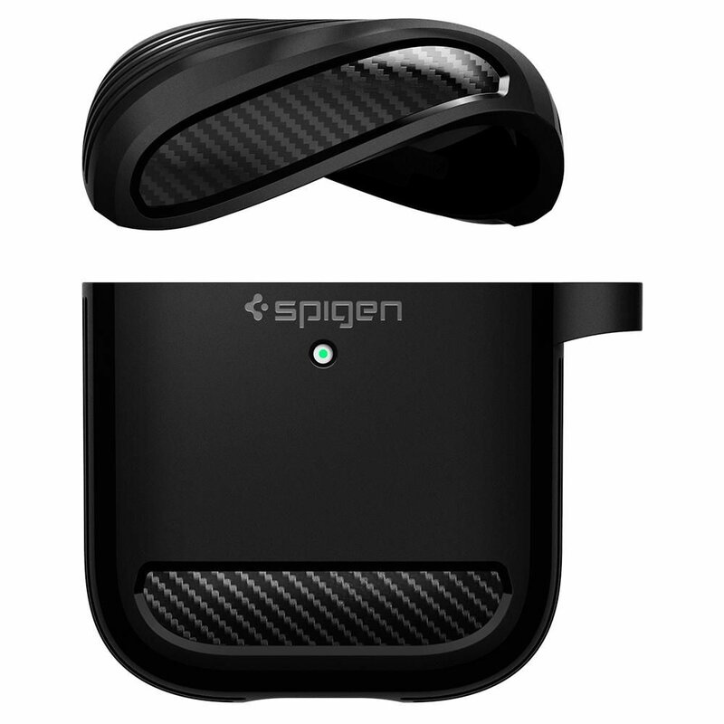 Husa Apple AirPods cu holder metalic Spigen Rugged Armor, negru
