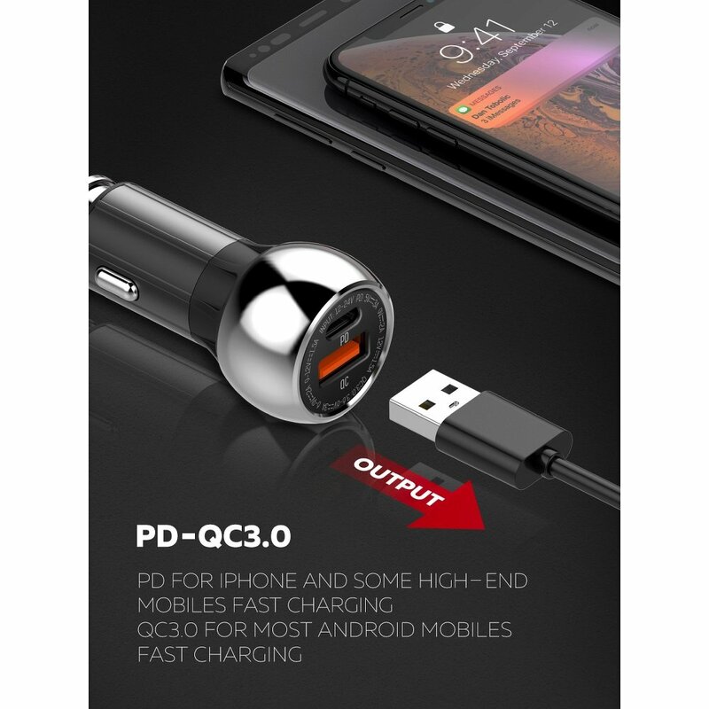 Incarcator Auto LDNIO C1 Cu Incarcare Rapida Type-C PD + USB QC3.0 + Cablu De Incarcare Lightning 36W - Negru