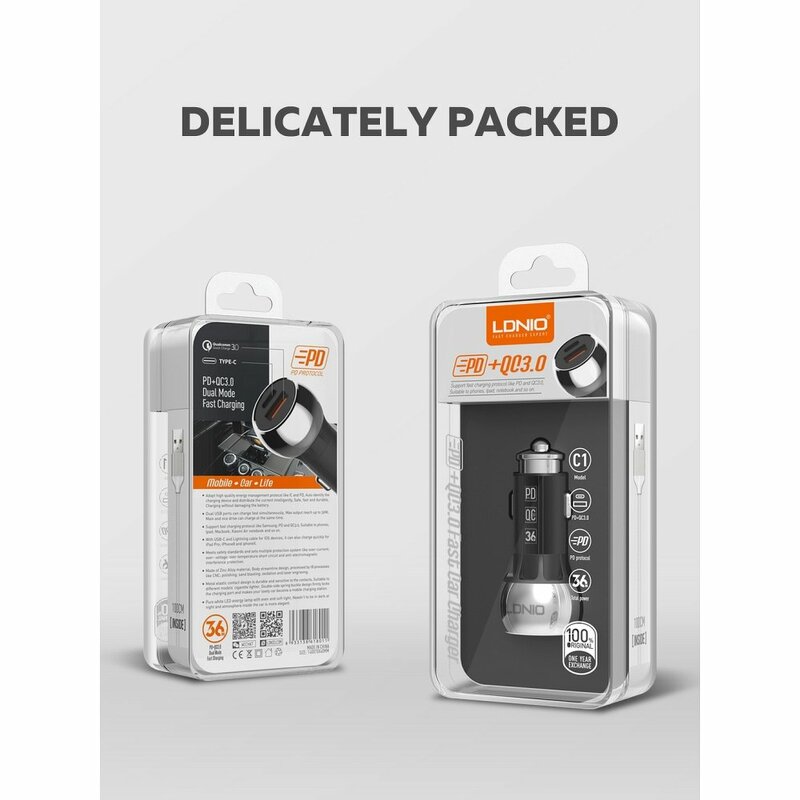 Incarcator Auto LDNIO C1 Cu Incarcare Rapida Type-C PD + USB QC3.0 + Cablu De Incarcare Lightning 36W - Negru