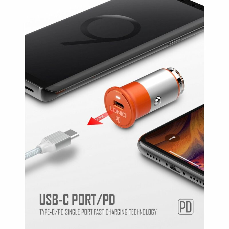Incarcator Auto LDNIO C61C Cu Incarcare Rapida Type-C PD3.0 De 3A 18W + Cablu De Incarcare Type-C - Portocaliu