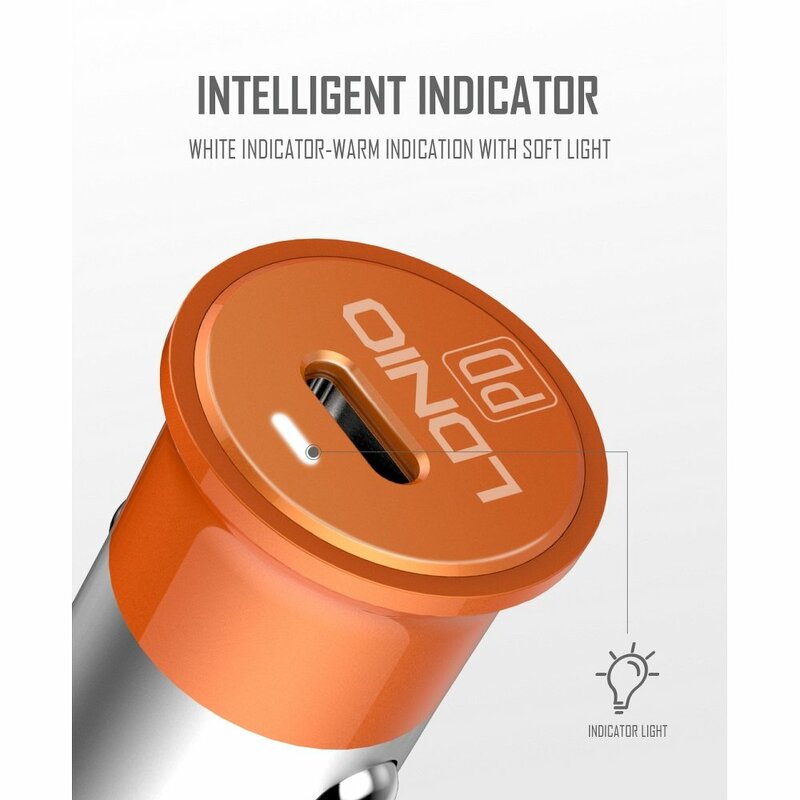 Incarcator Auto LDNIO C61C Cu Incarcare Rapida Type-C PD3.0 De 3A 18W + Cablu De Incarcare Type-C - Portocaliu