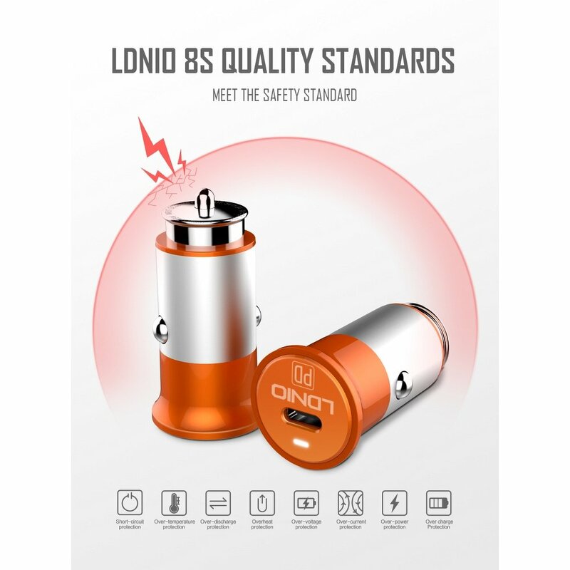Incarcator Auto LDNIO C61C Cu Incarcare Rapida Type-C PD3.0 De 3A 18W + Cablu De Incarcare Type-C - Portocaliu