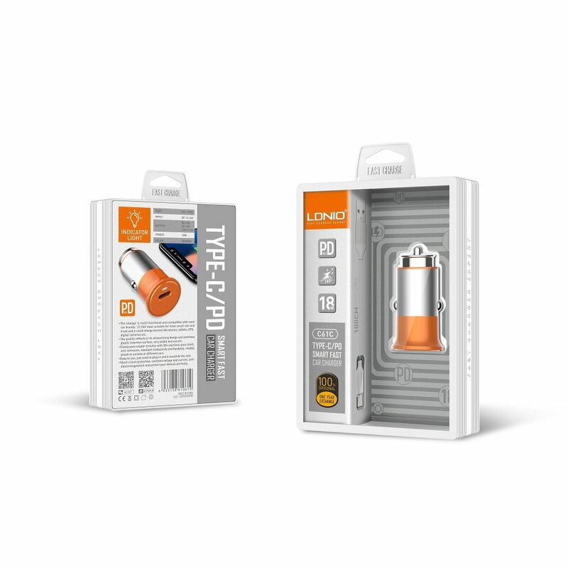 Incarcator Auto LDNIO C61C Cu Incarcare Rapida Type-C PD3.0 De 3A 18W + Cablu De Incarcare Type-C - Portocaliu