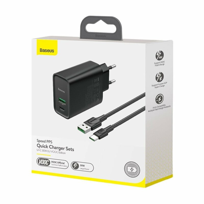 Incarcator Priza Baseus VOOC Speed PPS USB/Type-C PD 30W + Cablu Incarcare USB/Type-C - TZCCFS-H01 - Negru
