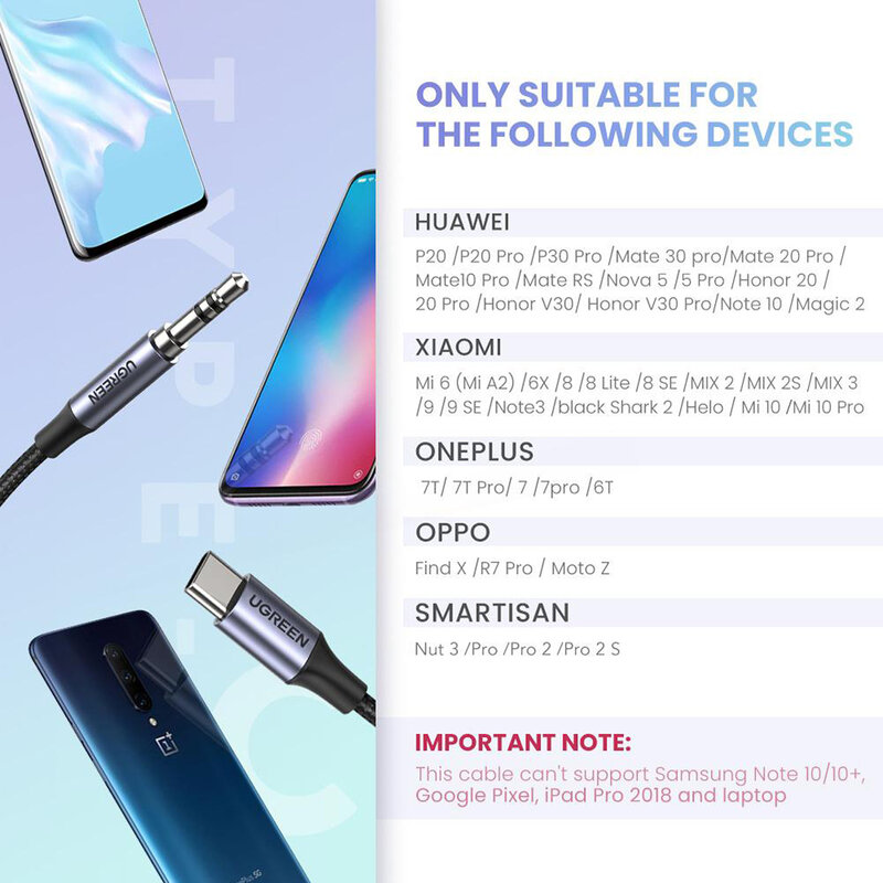 Cablu audio Ugreen AV143, adaptor auxiliar Type-C la Jack 3,5mm, 1m, cenusiu, 30633