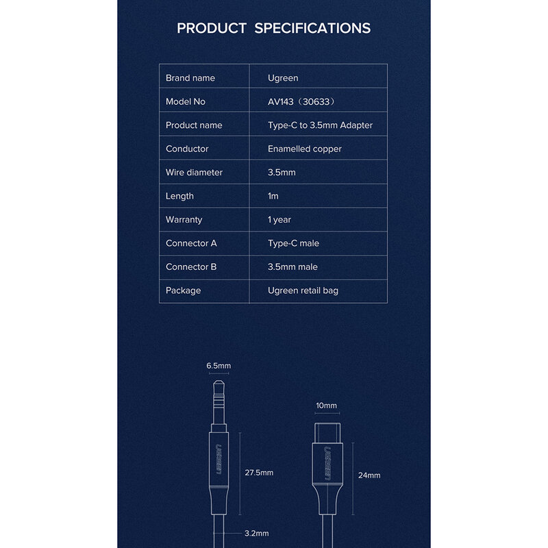 Cablu audio Ugreen AV143, adaptor auxiliar Type-C la Jack 3,5mm, 1m, cenusiu, 30633
