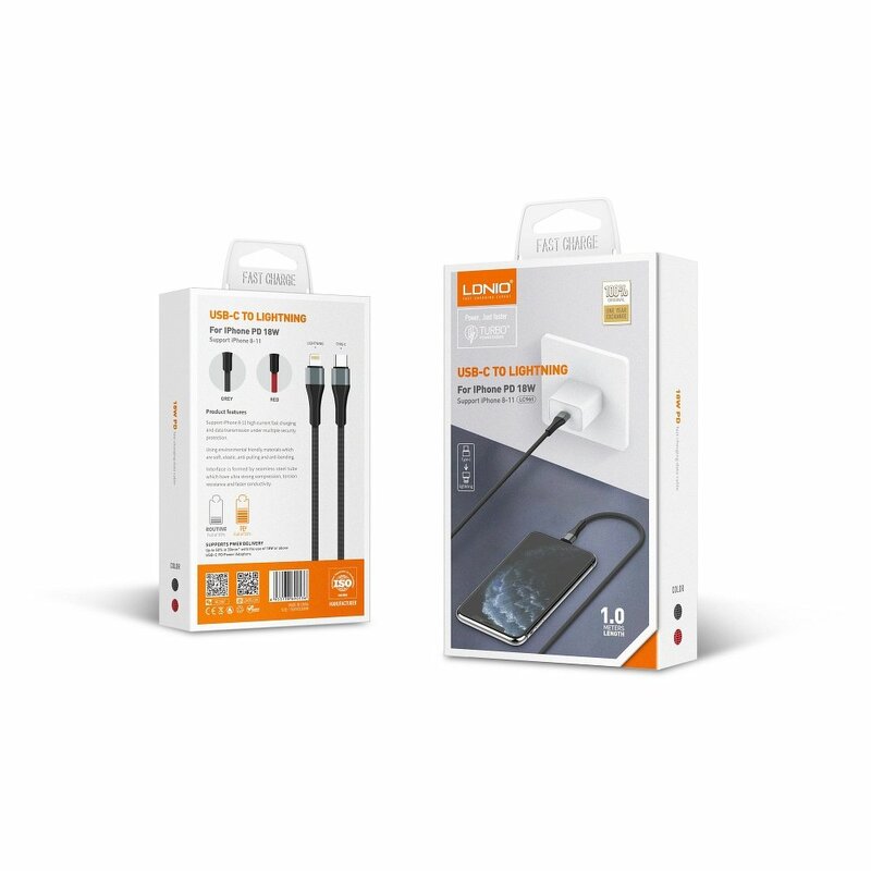 Cablu De Date LDNIO LC961 Cu Incarcare Rapida De 2A De La Type-C La Lightning 18W PD 1m - Negru / Cenusiu