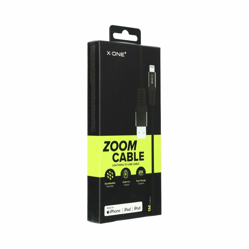 Cablu De Date X.One Zoom De La USB La Lightning Cu Incarcare Rapida De 2.4A Si Prindere Tip Velcro 1m - Negru
