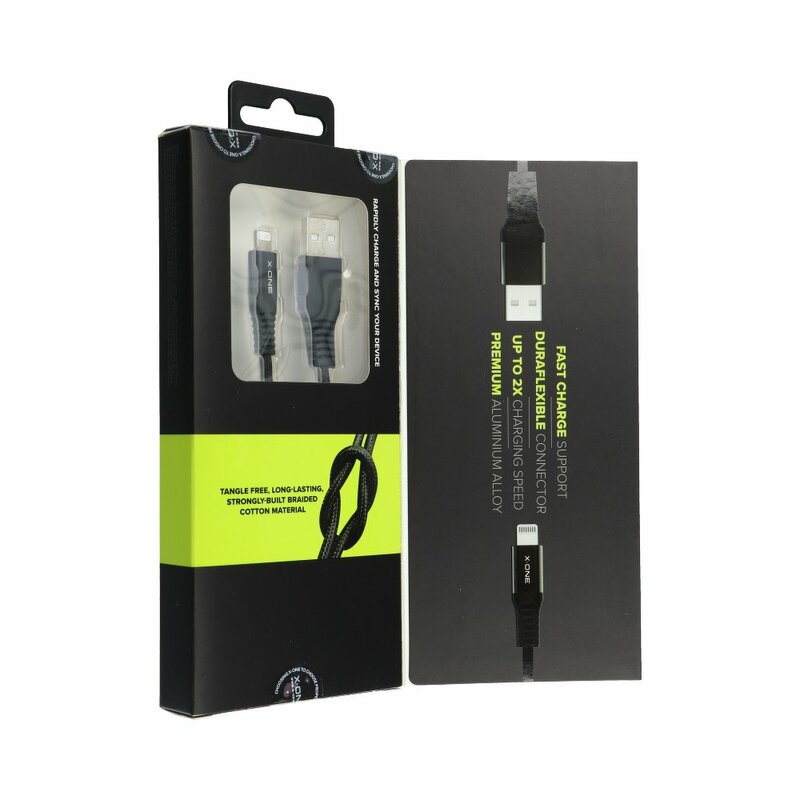 Cablu De Date X.One Zoom De La USB La Lightning Cu Incarcare Rapida De 2.4A Si Prindere Tip Velcro 1m - Negru