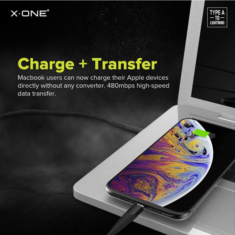 Cablu De Date X.One Zoom De La USB La Lightning Cu Incarcare Rapida De 2.4A Si Prindere Tip Velcro 1m - Negru