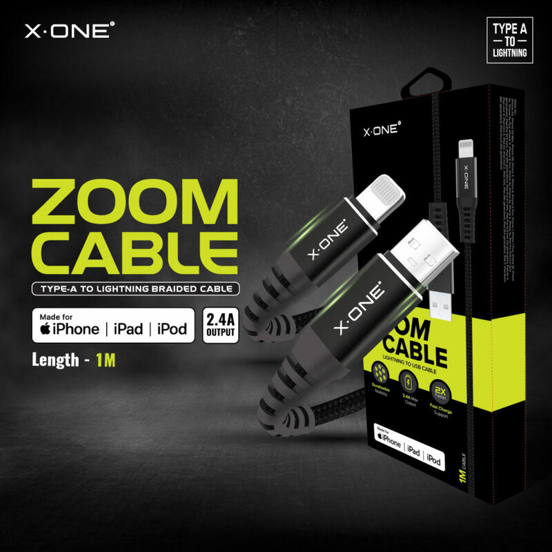 Cablu De Date X.One Zoom De La USB La Lightning Cu Incarcare Rapida De 2.4A Si Prindere Tip Velcro 1m - Negru