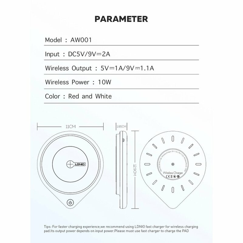 Incarcator Wireless LDNIO AW001 Led Bedside Lamp 10W + Cablu De Incarcare Micro-USB De 1.2m - Alb / Rosu