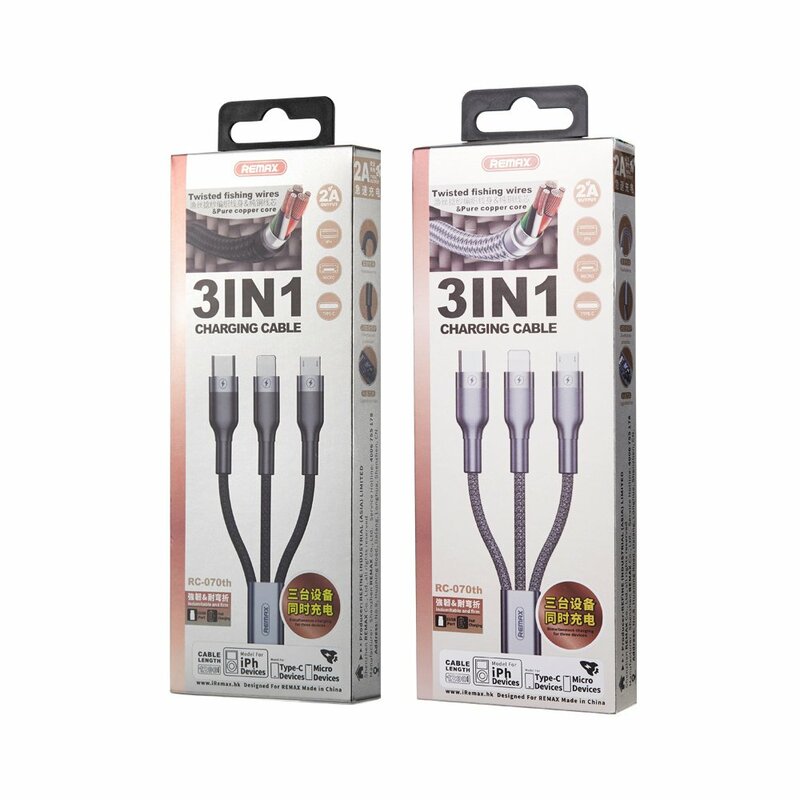 Cablu De Incarcare Remax Sury 3 in 1 De La USB La Micro-USB / Lightning / Type-C 2A 1.2m - RC-070th - Negru