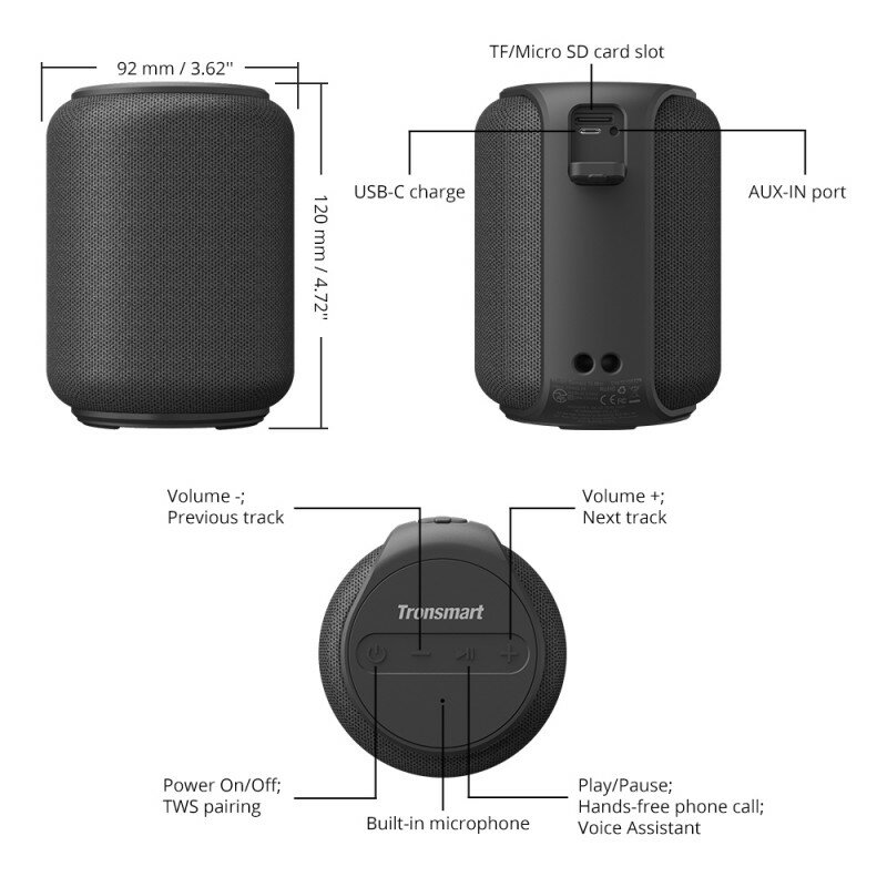 Boxa Portabila Tronsmart T6 Mini Portable Wireless Bluetooth 5.0 Universal Speaker 15W - Negru