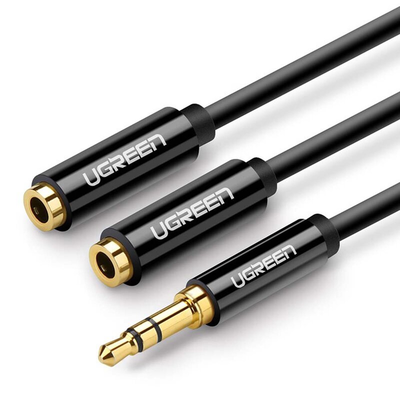 Cablu Audio Ugreen Jack 3.5mm tata la 2x 3.5mm mama, aur 24K, 25cm, negru, 20816