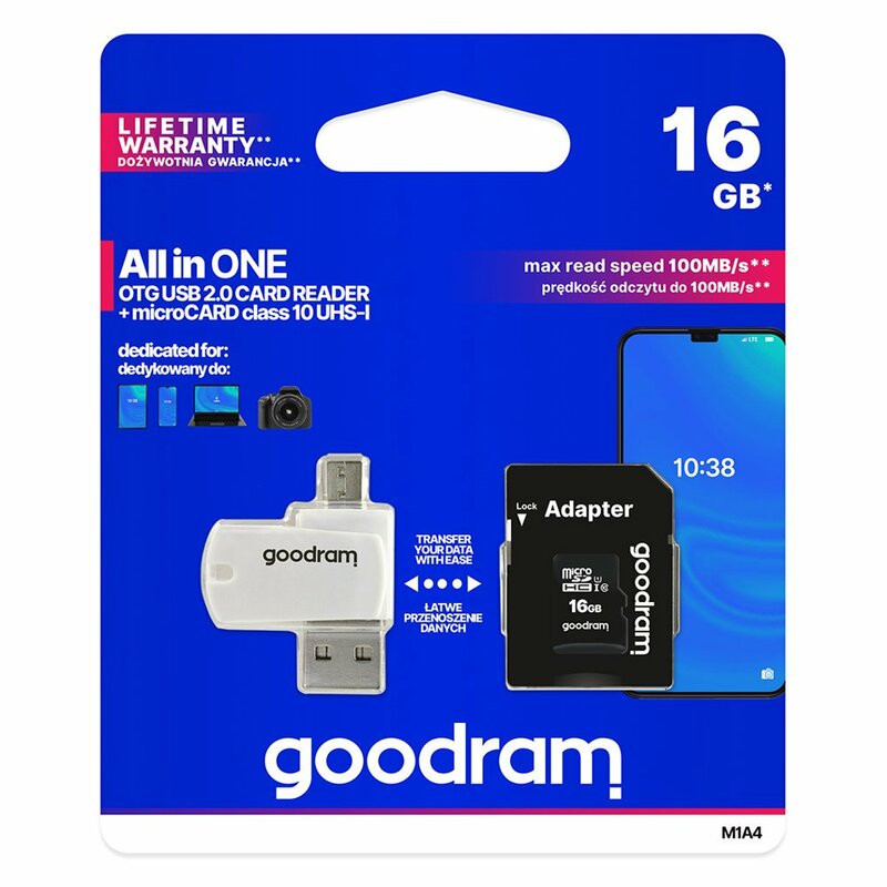 Card De Memorie Goodram Micro SDHC UHS-I 16GB + Adaptor SD + Cititor Card OTG (USB, Micro-USB) - Alb/Negru