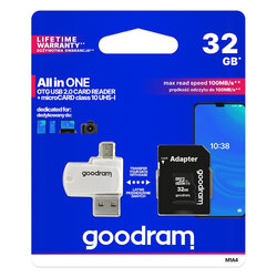Card De Memorie Goodram Micro SDHC UHS-I 32GB + Adaptor SD + Cititor Card OTG (USB, Micro-USB) - Alb/Negru