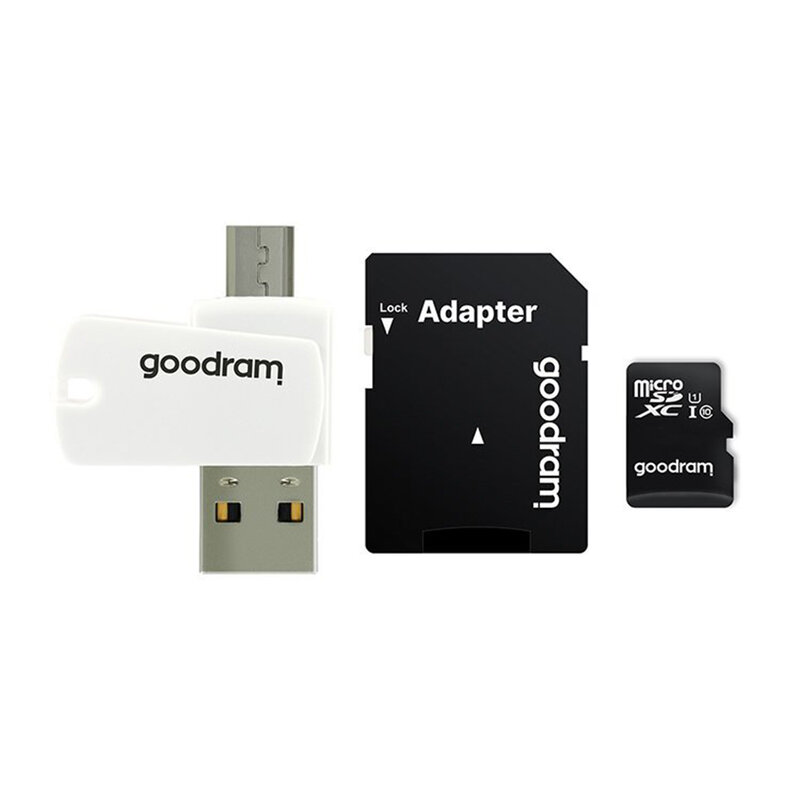 Card De Memorie Goodram Micro SDXC UHS-I 64GB + Adaptor SD + Cititor Card OTG (USB, Micro-USB) - Alb/Negru