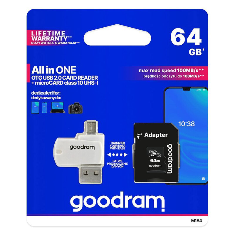 Card De Memorie Goodram Micro SDXC UHS-I 64GB + Adaptor SD + Cititor Card OTG (USB, Micro-USB) - Alb/Negru