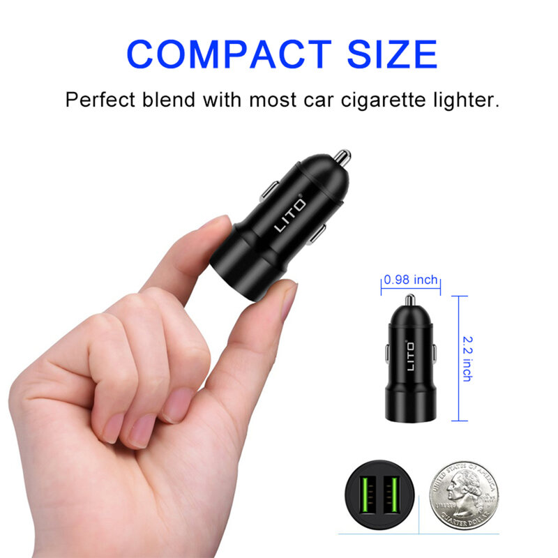 Incarcator Auto Lito LT-606 Dual USB Din Aluminiu Cu Sistem De Gestionare A Energiei Si Putere 36W 2.4A - Negru