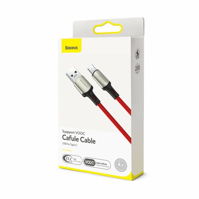 Cablu De Date Baseus Cafule USB La Type-C Cu Suport Pentru Incarcare Rapida VOOC 5A 2m - CATKLF-VB09 - Rosu