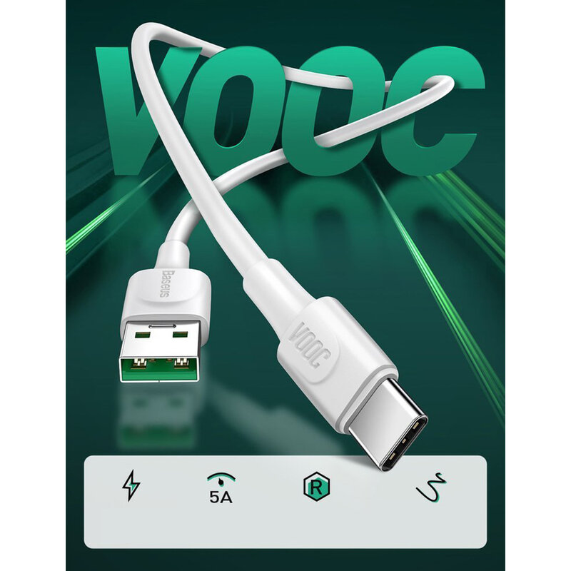 Cablu De Date Baseus De La USB La Type-C Si Suport Pentru Incarcare Rapida VOOC / TLC 5A 2m - CATSW-G02 - Alb