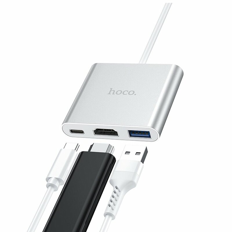 Hub Hoco HB14 Adaptor 3in1 Convertor De La Type-C La USB 3.0 + HDMI + Type-C PD 67W - Argintiu