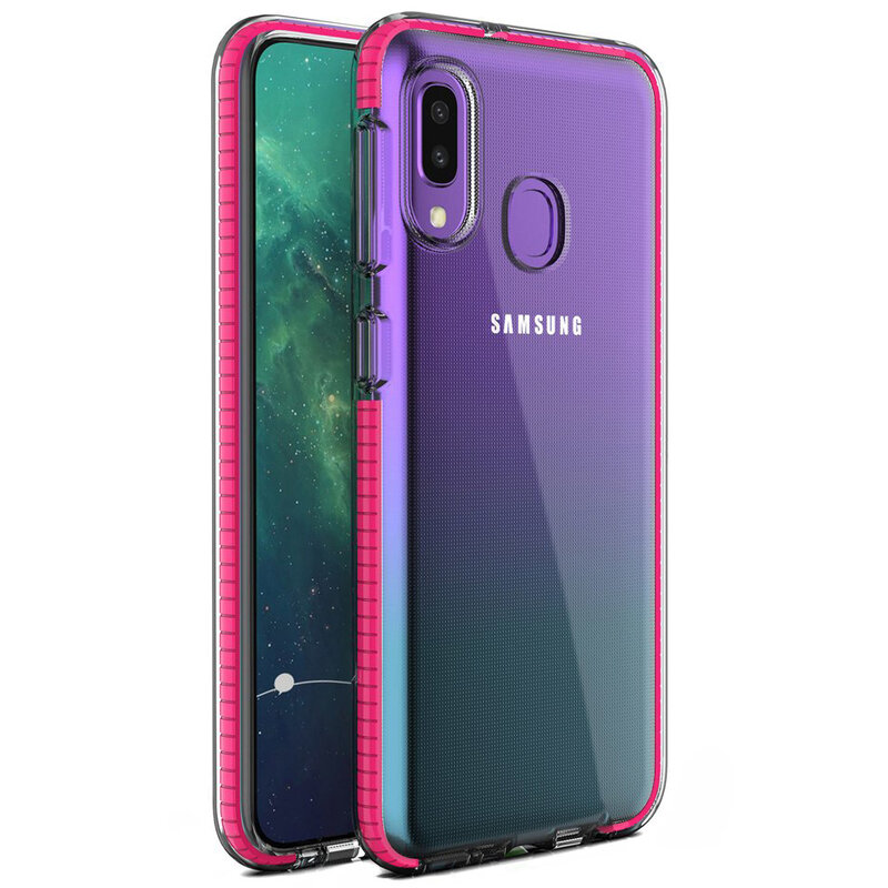 Husa Samsung Galaxy A20e Transparenta Spring Case Flexibila Cu Margini Colorate - Roz Inchis