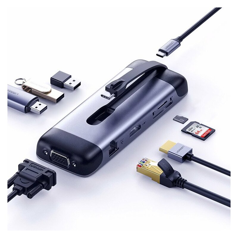 Hub Ugreen, type-C la 3x USB 3.0, HDMI, VGA, RJ45, SD Card, TF Card, gri, 70409 