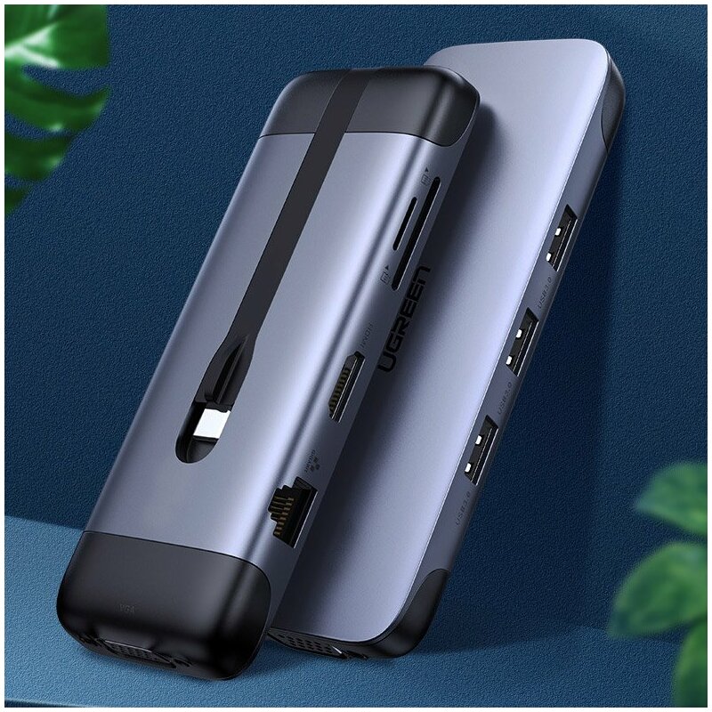 Hub Ugreen, type-C la 3x USB 3.0, HDMI, VGA, RJ45, SD Card, TF Card, gri, 70409 